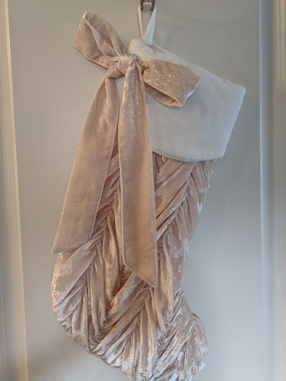 Pottery Barn Teen LoveShackFancy Ruched Velvet Cmas Stocking Pink Blush Mono rem
